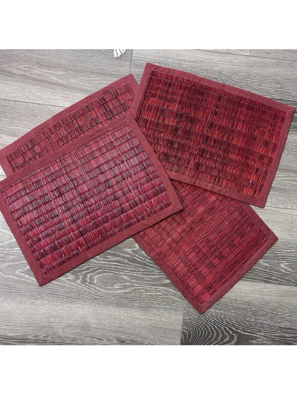 4 pc World Market Grasscloth Placemats Boho 13x19 Wine Red Linen Trimmed